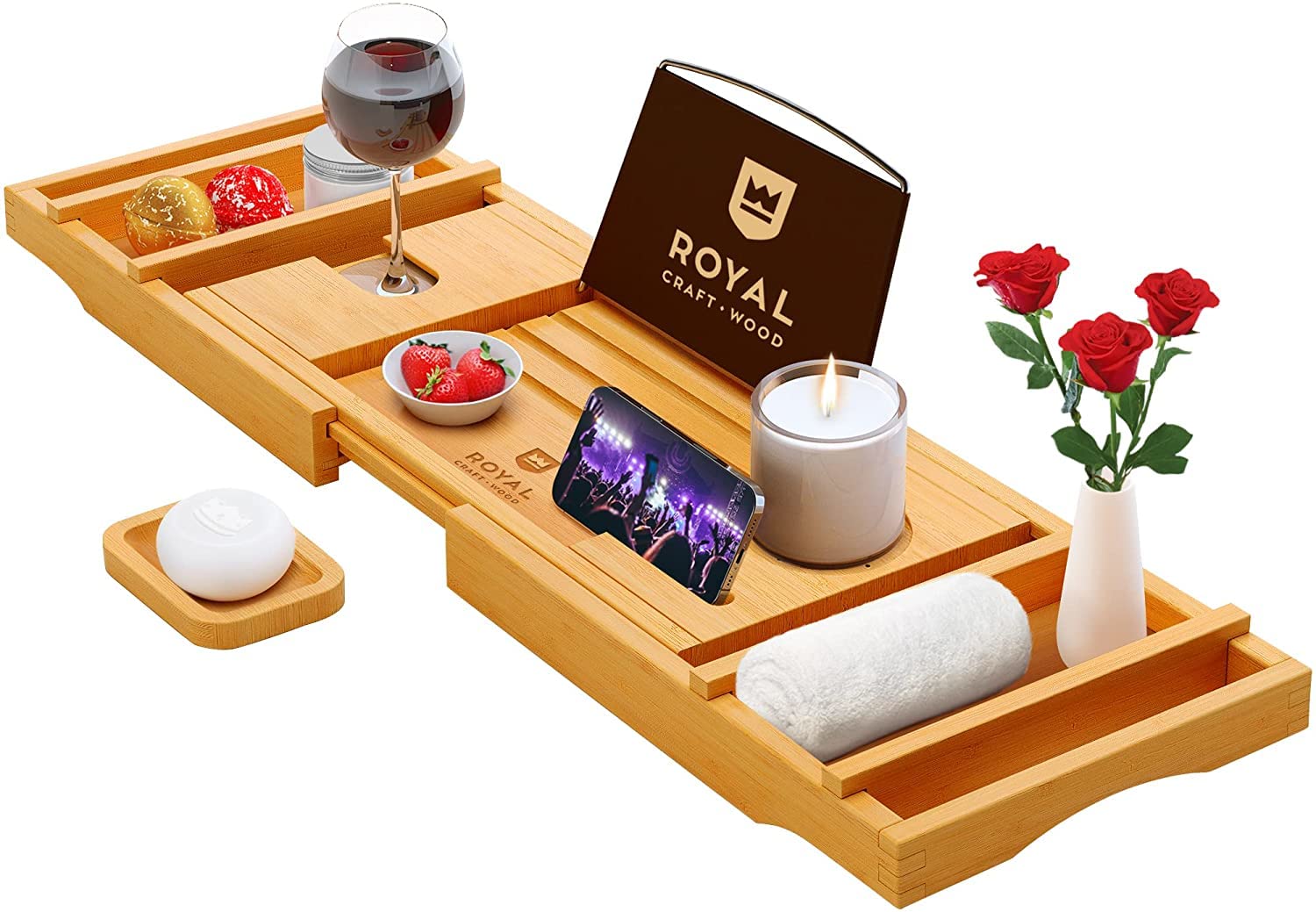 Royal Craft Wood Luxury Bathtub Caddy Natural Bamboo Bath Tub Tray with 1 Free 
