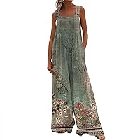 UOFOCO Summer 2024 Womens Fashion Retro Floral Print Women'S Casual Loose Overalls Wide Leg Long Pants Jumpsuits Rompers With Pockets Green X-Large