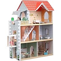 Giant bean Red Roof Wooden Dollhouse with Feature Set for Girls, 2.6 feet High with Elevator, Doorbell, Light,15 Pieces Furnitures and 3 Dolls,Gream House Playset Toy Gift for Girls Ages 3-7+