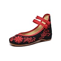 TRC Sunflower Embroidered Women Canvas Ballet Flats Ankle Strap Ladies Casual Cotton Chinese Embroidery Ballerina Shoes