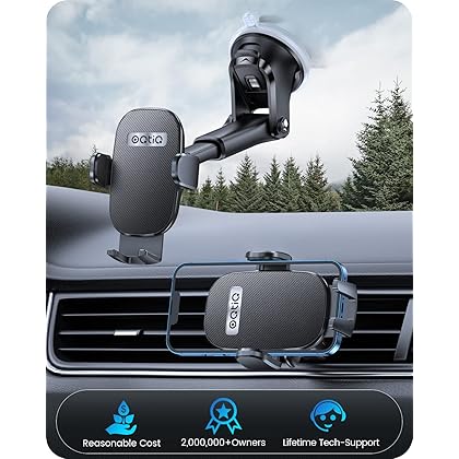 OQTIQ 3-in-1 Suction Cup Phone Holder Windshield/Dashboard/Air Vent, Dashboard & Windshield Suction Cup Car Phone Mount with Strong Sticky Gel Pad, Compatible with iPhone, Samsung & Other Cellphone