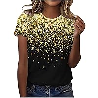 Women's Sparkly Graphic T Shirt Casual Fashion Print Tops Summer Short Sleeve Round Neck Tee Ladies Going Out Blouse