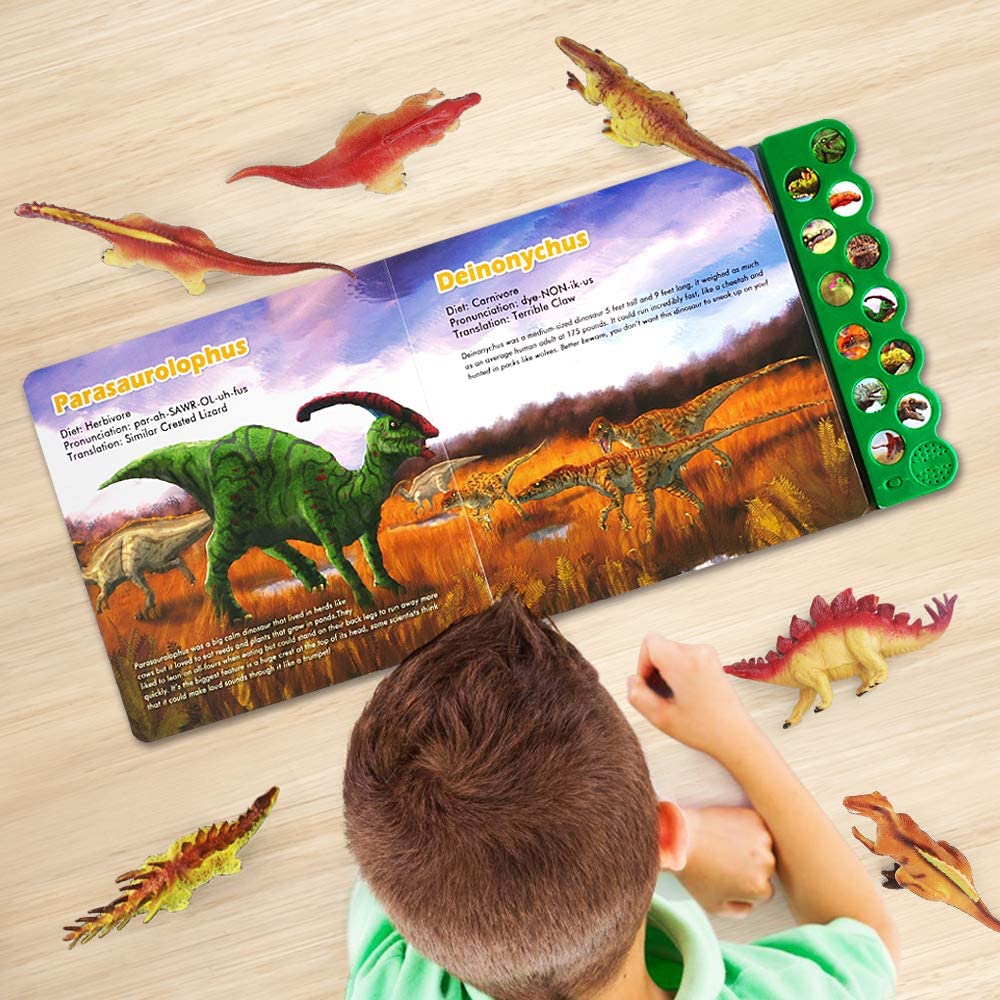 OleFun Dinosaur Toys for 3 Years Old & Up - Dinosaur Sound Book & 12 Realistic Looking Dinosaurs Figures Including T-Rex, Triceratops, Utahraptor, for Kids, Boys and Girls