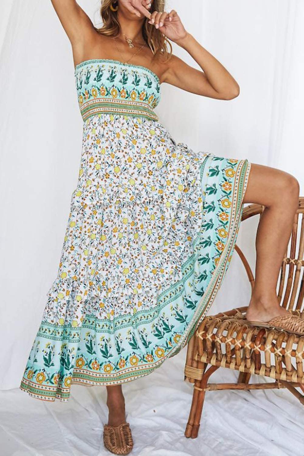 ZESICA Women's 2023 Summer Bohemian Floral Printed Strapless Beach Party Long Maxi Dress