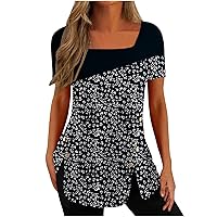 ZunFeo Women's Summer Blouses Floral Print Square Neck Tunic Top Shirts Loose Fit Elegant T Shirt Side Slit Fashion Tops 2023