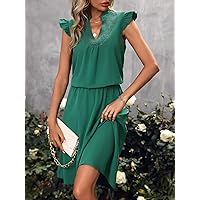 Dresses for Women - Notched Neckline Ruffle Trim Dress (Color : Dark Green, Size : Small)