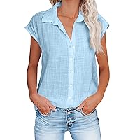 Shirts for Women Summer Breathable Comfy Cotton Linen Short Sleeve Loose Fit Button Down Lapel Solid Color Blouse Tops