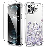 GVIEWIN for iPhone 12 Case, for iPhone 12 Pro Case with Screen Protector + Camera Lens Protector, Clear Floral Flexible TPU Shockproof Women Girls Flower Phone Case 6.1