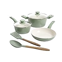 Gibson Home Plaza Café Forged Aluminum Healthy PFA-Free Ceramic Pots and Pans Cookware Set, 7-Piece Set, Mint Green