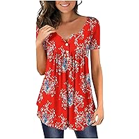 Womens Summer Tops Floral Print Henley Shirts Short Sleeve Button Down T Shirts Dressy Casual Comfy Tunic Blouse for Leggings