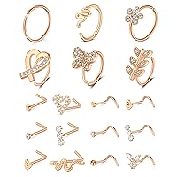 20G Nose Rings for Women Stainless Steel Nose Ring 20 Gauge Nose Rings Hoops Studs Flower Heart Diamond L Shaped Nose Studs Nostril Nose Piercing Jewelry for Women Men