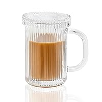 G Ribbed Glass Coffee Mug With Lid 11.3 oz, For Latte Chocolate Americano Milk Oats Yoghurt, Clear