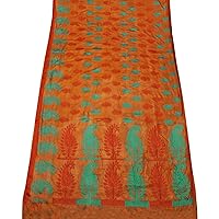 Vintage Orange Saree Woven DIY Art Craft Fabric 100% Pure Silk Recycled Used Sari
