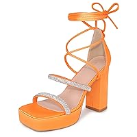 Perphy Rhinestone Platform Lace Up Chunky Heels Sandals for Women