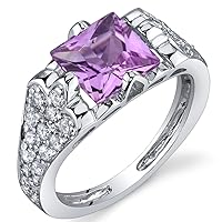 PEORA Created Pink Sapphire Ring Sterling Silver Rhodium Nickel Finish Princess Cut 2.00 Carats Sizes 5 to 9