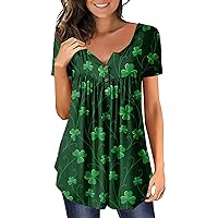 St.Patrick's Day Tunic Womens Tee Short Sleeve Tshirt Fashion Tops V-Neck Summer Button Shirt Plus Size Pleated Blouse