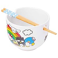 Sanrio Hello Kitty and Friends Rainbow Featuring Chococat, Pompompurin, My Melody, Keroppi, Badtz-Maru, Tuxedo Sam, Cinnamoroll Ceramic Ramen Rice Bowl with Chopsticks, 20 Ounces
