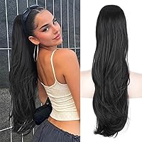 SCENTW Long Black Ponytail Extension for Women Multi Layered Drawstring Ponytail Synthetic Wavy Straight Hairpieces Clip in Ponytail Daily Fluffy Pony Tail for Women