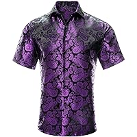 Hi-Tie Solid Men's Purple Black Silk Dress Shirt Woven Paisley Short Sleeve Regular Fit Button Down Shirt for Daily Hawaiian(Large)
