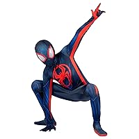 Miles Morales Official Youth Deluxe Zentai Suit - Spandex Jumpsuit with Printed Design and Detachable Spandex Mask with Plastic Eyes