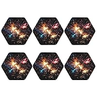 Explosion Firework Print Leather Coasters Set of 6 Heat Resistant Coasters for Drinks Round Cup Mat Pad Bar Coasters with Storage Case for Kitchen Home Decor Housewarming Gift