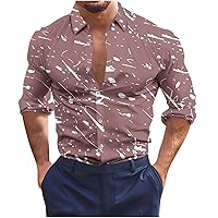 Button Down Beach Shirt Men Tie Dye Print Tee Shirts Lapel Long Sleeve Casual T-Shirt Muscle Fit Hawaiian Shirts