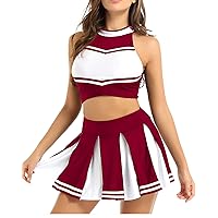 Women 2 Pieces Cheerleading Uniforms Crop Top with Pleated Mini Skirts Cheer Leader Fancy Dress Costumes Wine Red Stand Collar Small