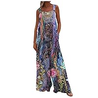 Women's Summer Rompers 2023 Printed Button Up Jumpsuit Casual Loose Sleeveless Rompers with Pockets Rompers