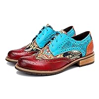 Women's Handmade Lambskin Oxford Loafers Shoes with Retro Ethnic Printed Style, Brock Design for Casual and Fashion Collegiate Style