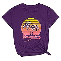 Beumuda Letter T-Shirts Women Palm Trees Graphic Beach Tee Tops Casual Short Sleeve Crewneck Vacation T Shirt Blouse