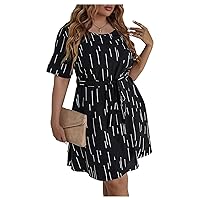 WDIRARA Women's Plus Size Graphic Print Belted Casual Flared Hem Round Neck A Line Dress
