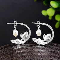 Three-Dimensional Craft Silver Carving Craft Pearl Earrings Retro Light Luxury Female Silver Jewelry 1Pair (Color : White)