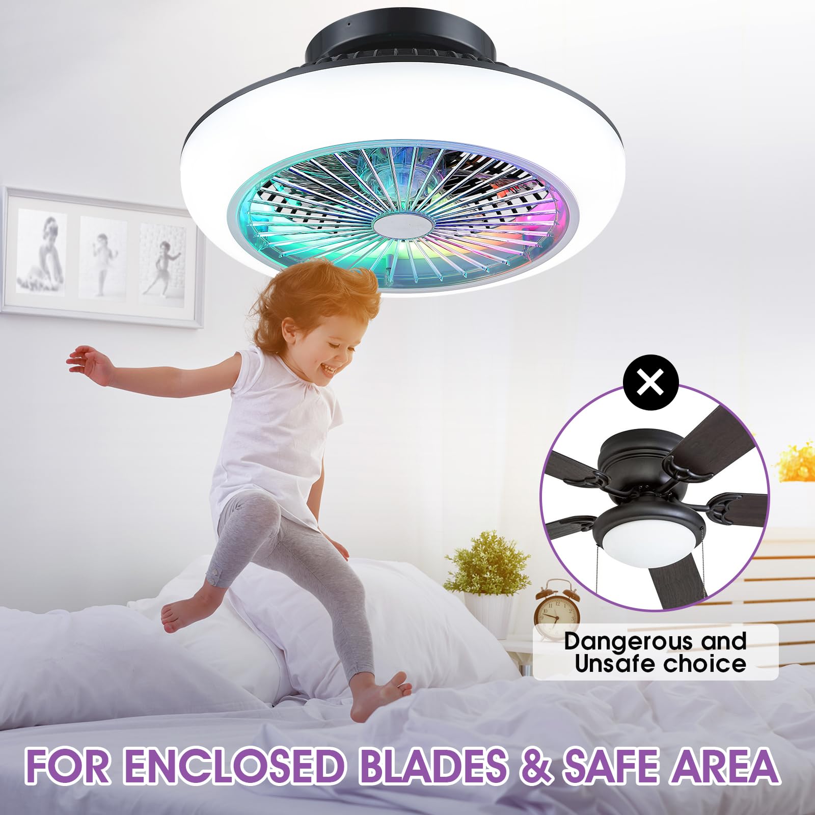 Surtime Bladeless Enclosed Ceiling Fans with Lights and Remote Control,20