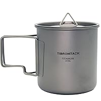 TIBROMTACK Camping Cup Titanium Mug 450ml/15.2fl oz Lightweight Outdoor Titanium Camping Cookware with Foldable Handle, Lid and Mesh Bag for Backpacking Hiking Travel