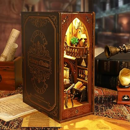 3D Wooden Puzzle Bookends, DIY Book Nook Kit, Magic Book House Model Building Kit Insert Decor with Sensor Light, Stand Bookshelf for Home Decorative Books Ornaments (Library of Books)