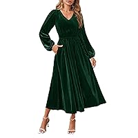 ZESICA Women's Velvet Midi Dress Casual V Neck Long Sleeve Solid Color Elastic High Waist Flowy Evening Party Dresses,Green,X-Large