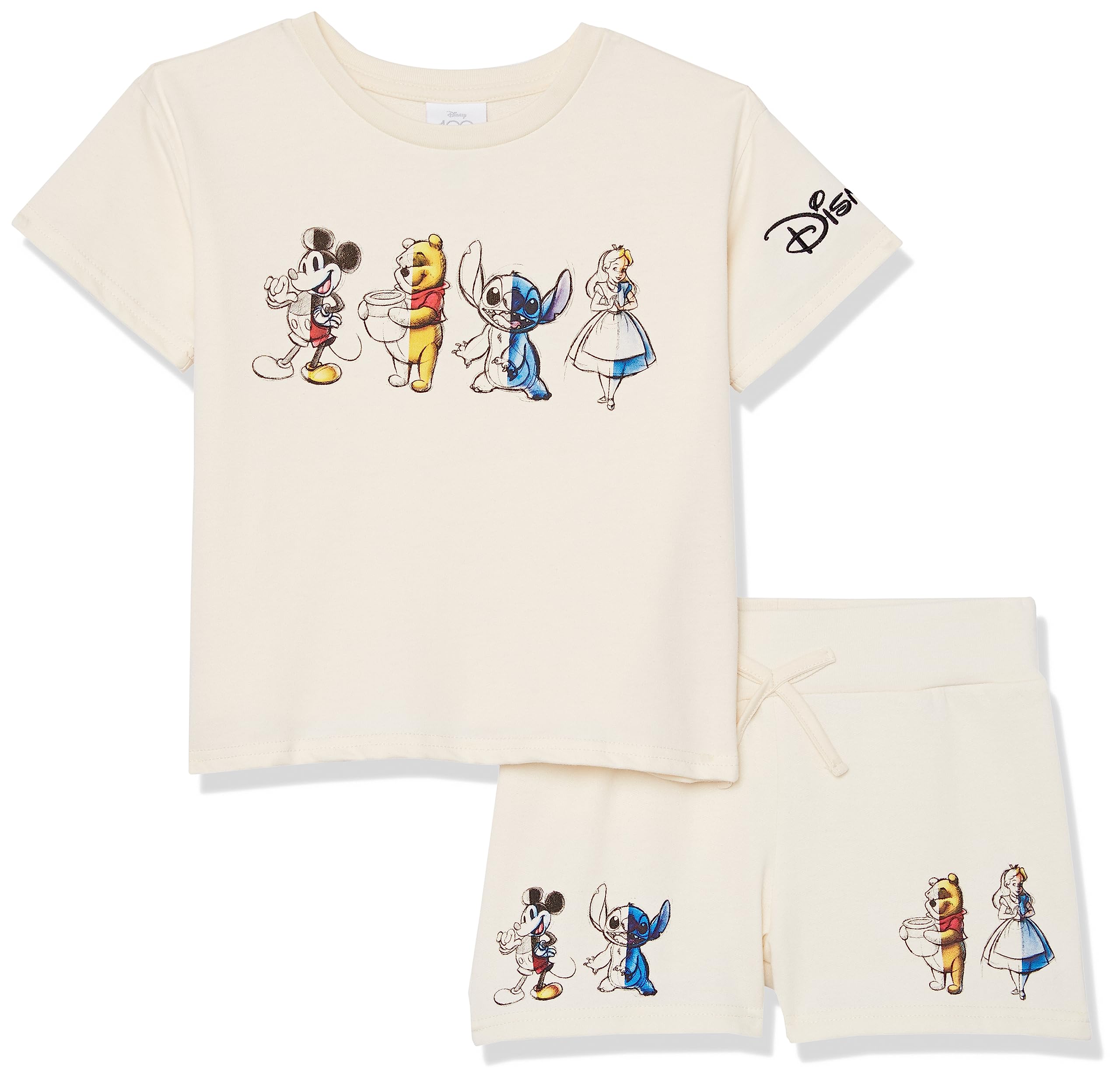 Disney Girls D100 Character Girls French Terry Tee & Short Set - Mickey, Stitch, Winnie the Pooh, Alice