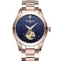 Women's Automatic Mechanical Female Watch Distinctive Sparkling Stars in The Blue Sky Skeleton Dial (Blue)