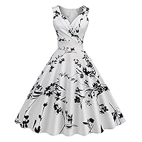 Women's Vintage Floral Flared A-Line Swing Casual Party Dresses Sleeveless Rockabilly Pinup Audrey Hepburn Dress