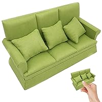 1/12 Scale Three-Person Miniature Sofa Couch with 3 Removable Pillows Cute Miniature Things for Dolls House Furniture Accessories Green