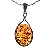 BALTIC AMBER AND STERLING SILVER 925 OVAL PENDANT NECKLACE - 10 12 14 16 18 20 22 24 26 28 30 32 34 36 38 40