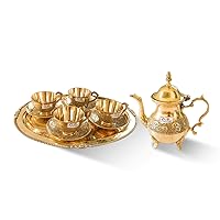 Royal Mughlai Style Bronze 1 Leaf Teapot with lid Kettle and 4 Pcs Cup and Saucer with Bronze Tray for Serving Drink & Beverages(Gold)