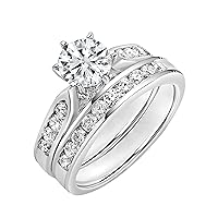 Round Lab Grown White Diamond or Cubic Zirconia Solitaire with Wedding Channel Ring Set for Women in 925 Sterling Silver