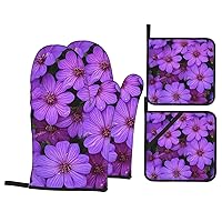 Oven Mitts and Pot Holders Sets of 4 for Kitchen, Heat Resistant Non-Slip Oven Gloves for Cooking, New House Kitchen Essentials, Housewarming Gifts - Purple Lily Flowers