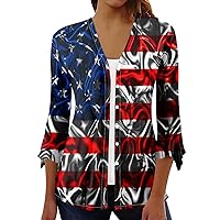 Womens Fashion 2024 Button Down V Neck Shirts 3/4 Length Sleeve Top Loose Fit 4th of July Printed Blouses