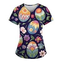 Holiday Tops for Women 2024 Easter Day Printed V Neck Work Shirts Short Sleeve Plus Size Blouses Uniforms