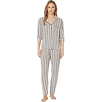 Donna Karan Notch Collar Pajama Set Creamy Rose Stripe Print LG