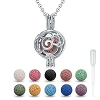 Sterling Silver Rose Aromatherapy Necklace Round Essential Oil Diffuser Locket Pendant with 10 Colors Volcanic Stone for Women