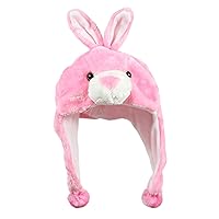 Cute Plush Animal Character Winter Hat Fun Ski Cap with Detailed Animal Face Long Ear Straps with Pom Pom Ends