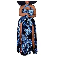 Party Maxi Dress for Women,Sexy Plus Size Halter Neck Floral Print Split Dresses
